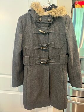 Anthropologie Elevenses Deep Woods Charcoal Wool Toggle Coat Faux Fur Hood Sz 8